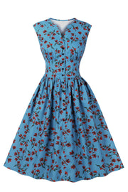 Blue Floral Empire Strapless Swing Dress with Buttons