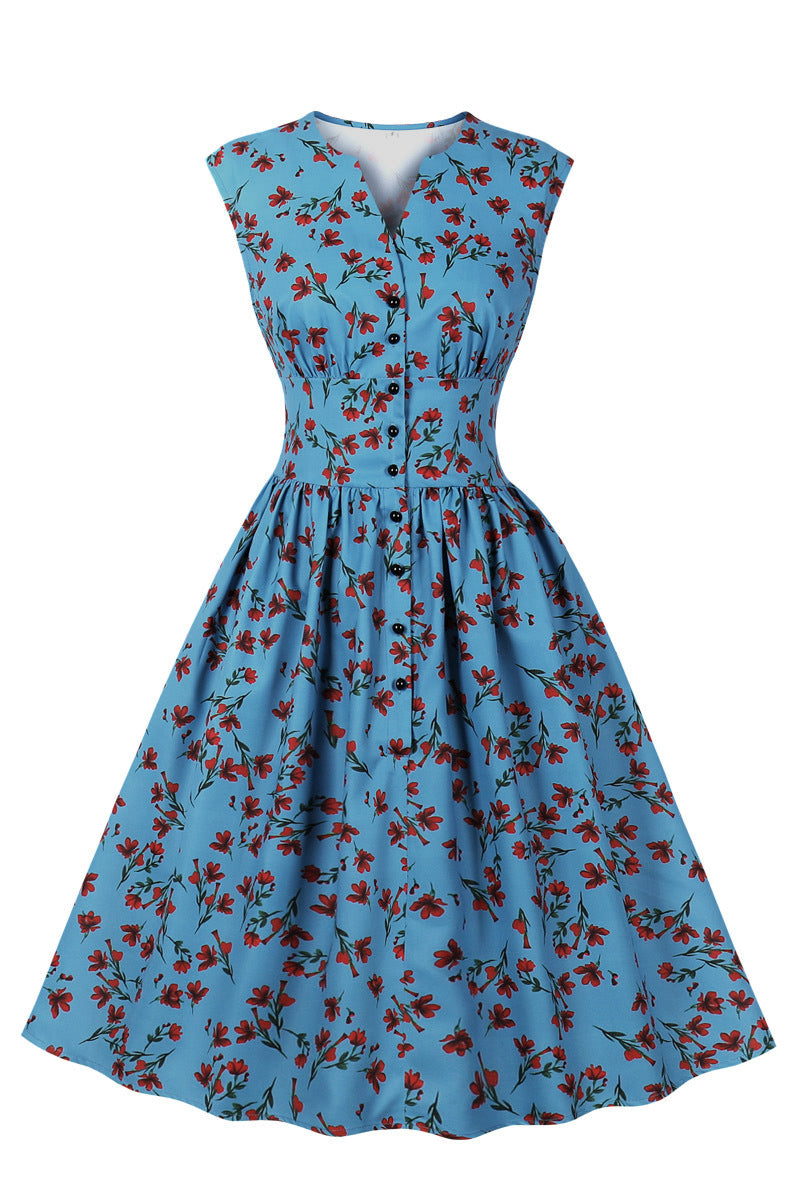 Blue Floral Empire Strapless Swing Dress with Buttons