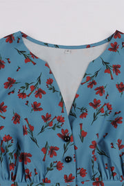 Blue Floral Empire Strapless Swing Dress with Buttons