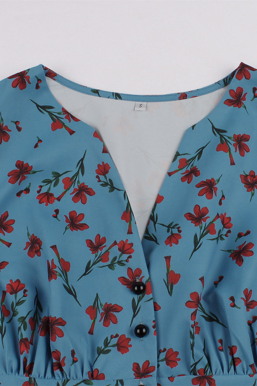 Blue Floral Empire Strapless Swing Dress with Buttons