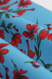 Blue Floral Empire Strapless Swing Dress with Buttons