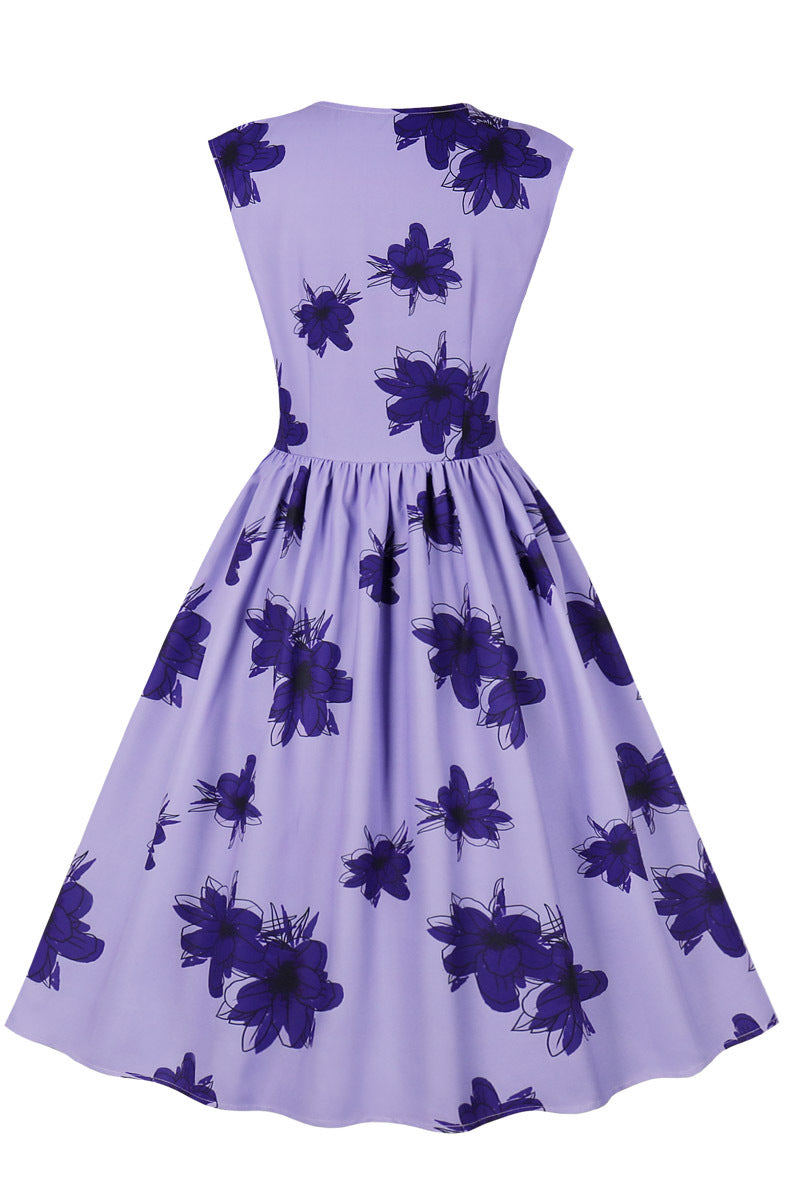 Sleeveless Purple Floral Swing Dress with Buttons  Ohmollydress