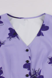 Sleeveless Purple Floral Swing Dress with Buttons