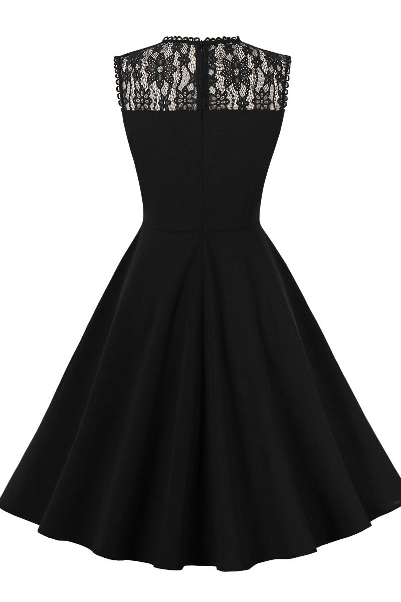 Sheer Lace Neck Black Swing Dress