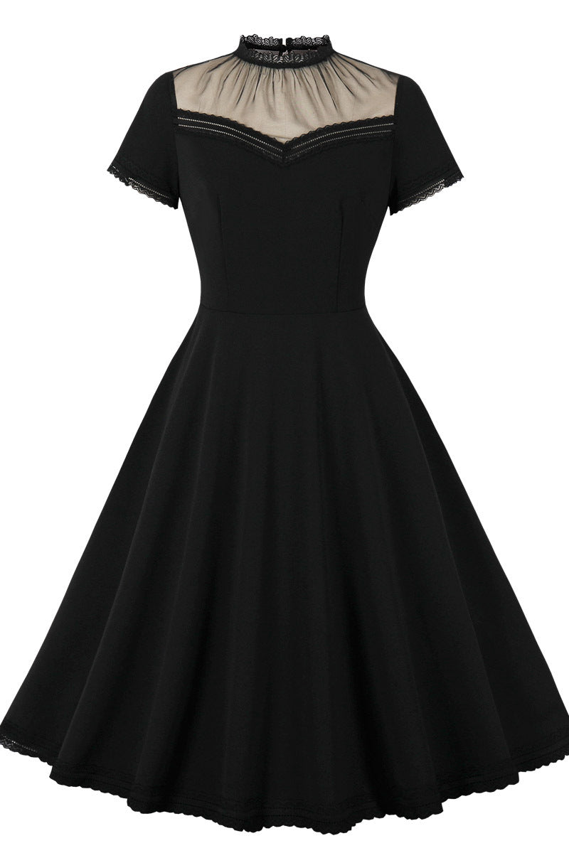 Sheer High Neck Black Swing Dress with Short Sleeves