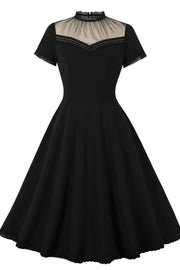 Sheer High Neck Black Swing Dress with Short Sleeves
