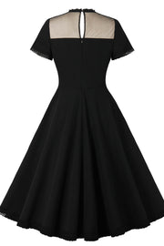 Sheer High Neck Black Swing Dress with Short Sleeves