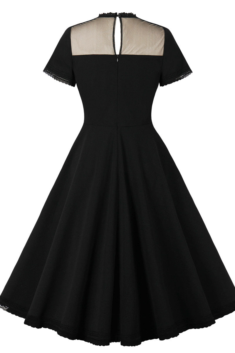 Sheer High Neck Black Swing Dress with Short Sleeves