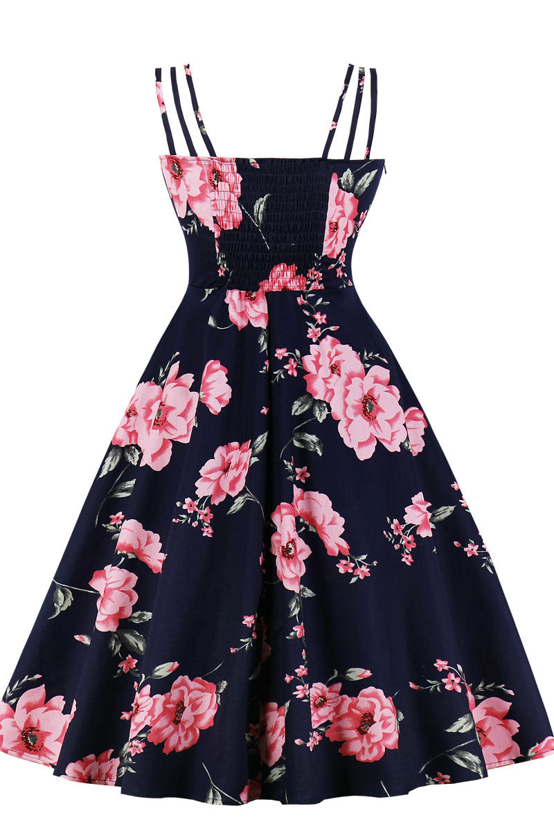 Navy Blue and Pink Floarl Swing Dress