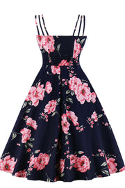 Navy Blue and Pink Floarl Swing Dress