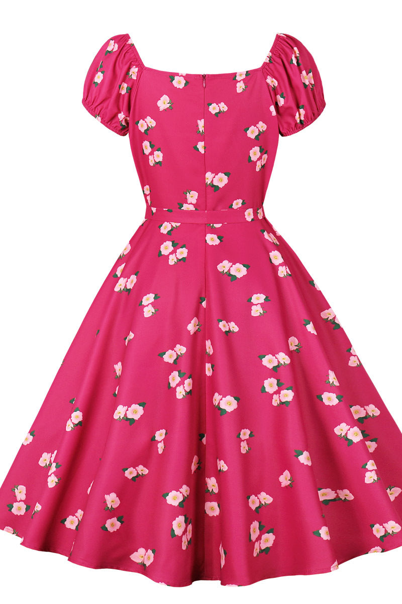 Hot Pink Floral Sweet Swing Dress