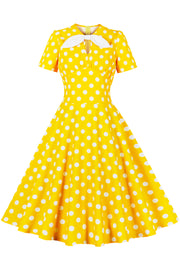 Yellow and White Polk Dots Bow Swing Dress