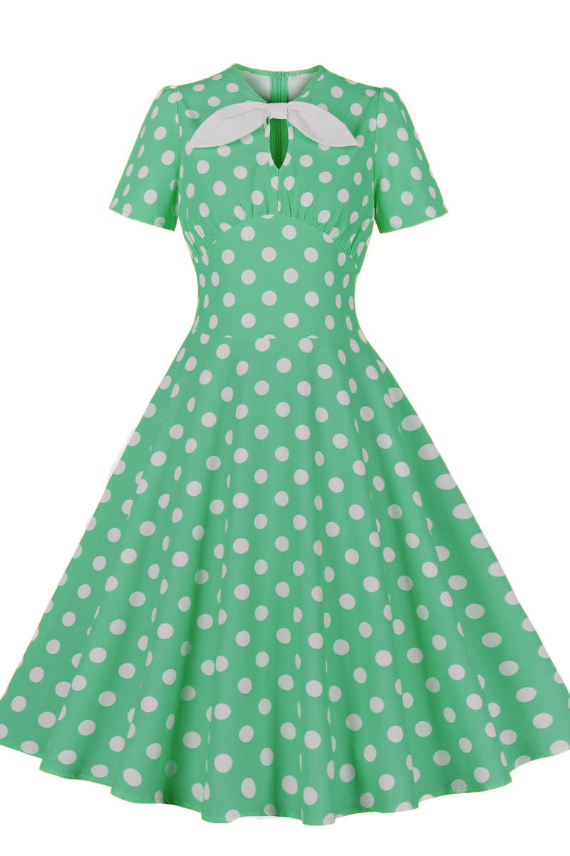 Green and White Polk Dots Bow Swing Dress