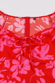 Short Sleeves Red Print Swing Dress