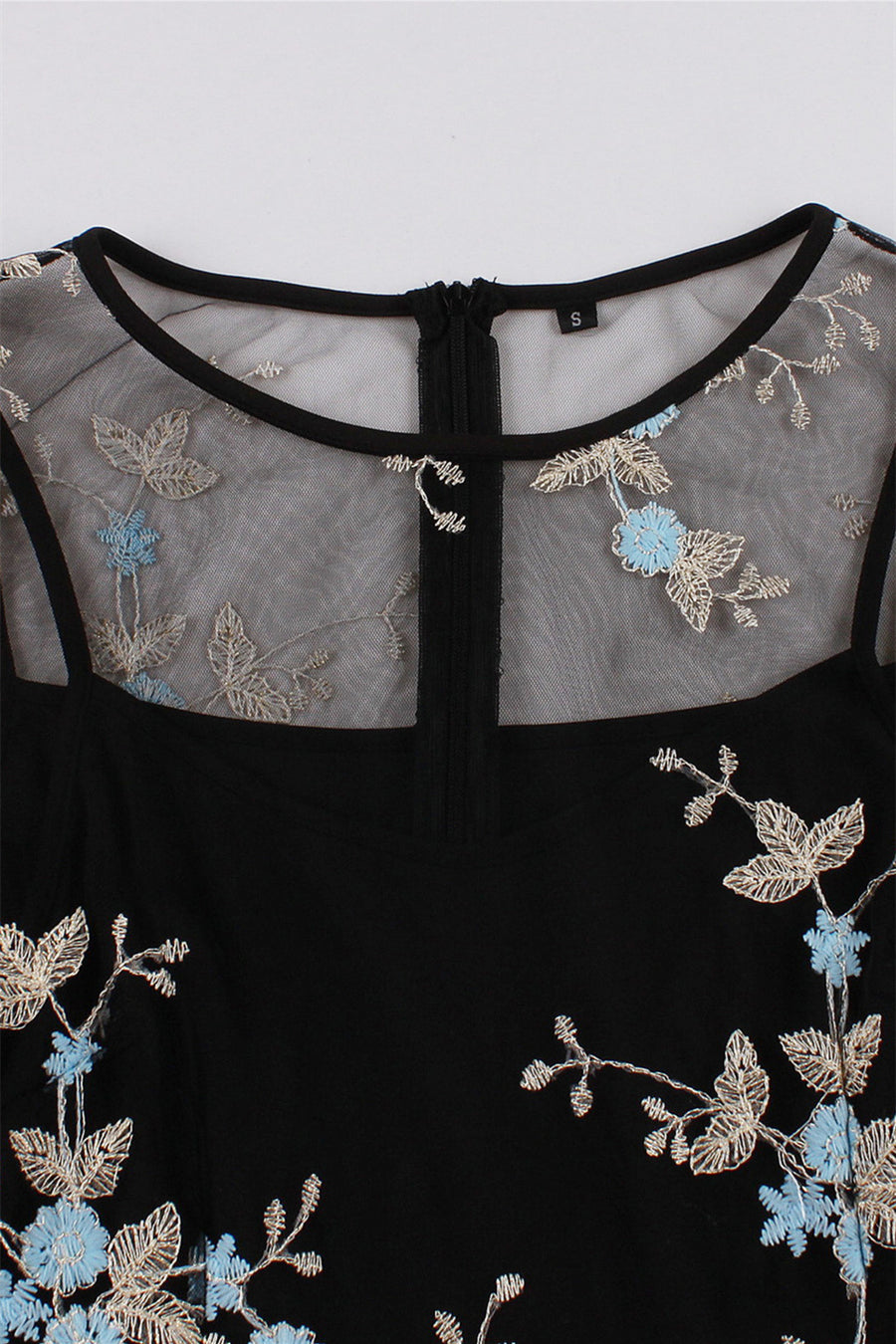 Mesh Black and Blue Floral Embroidery Dress