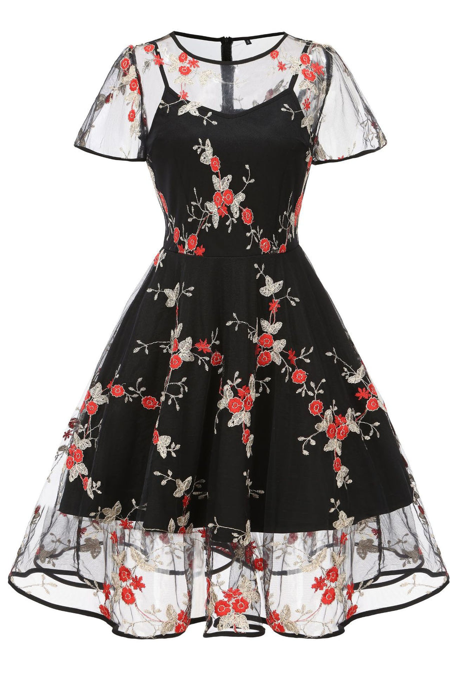 Mesh Black and Blue Floral Embroidery Dress