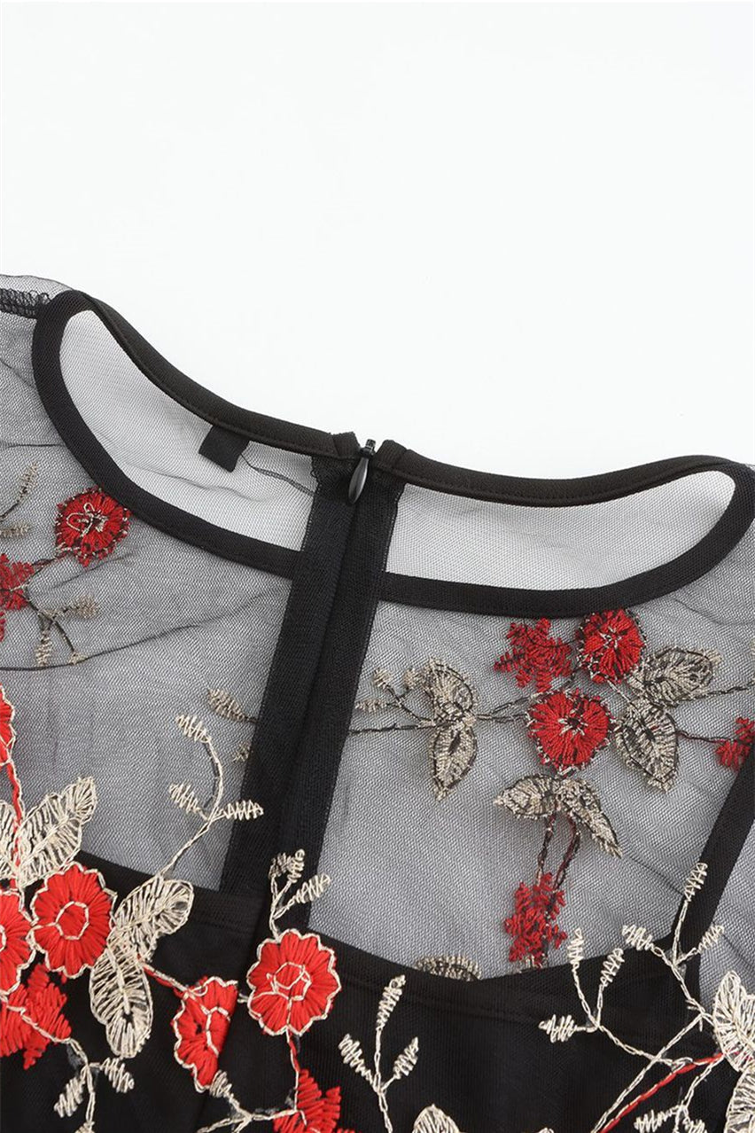Mesh Black and Blue Floral Embroidery Dress