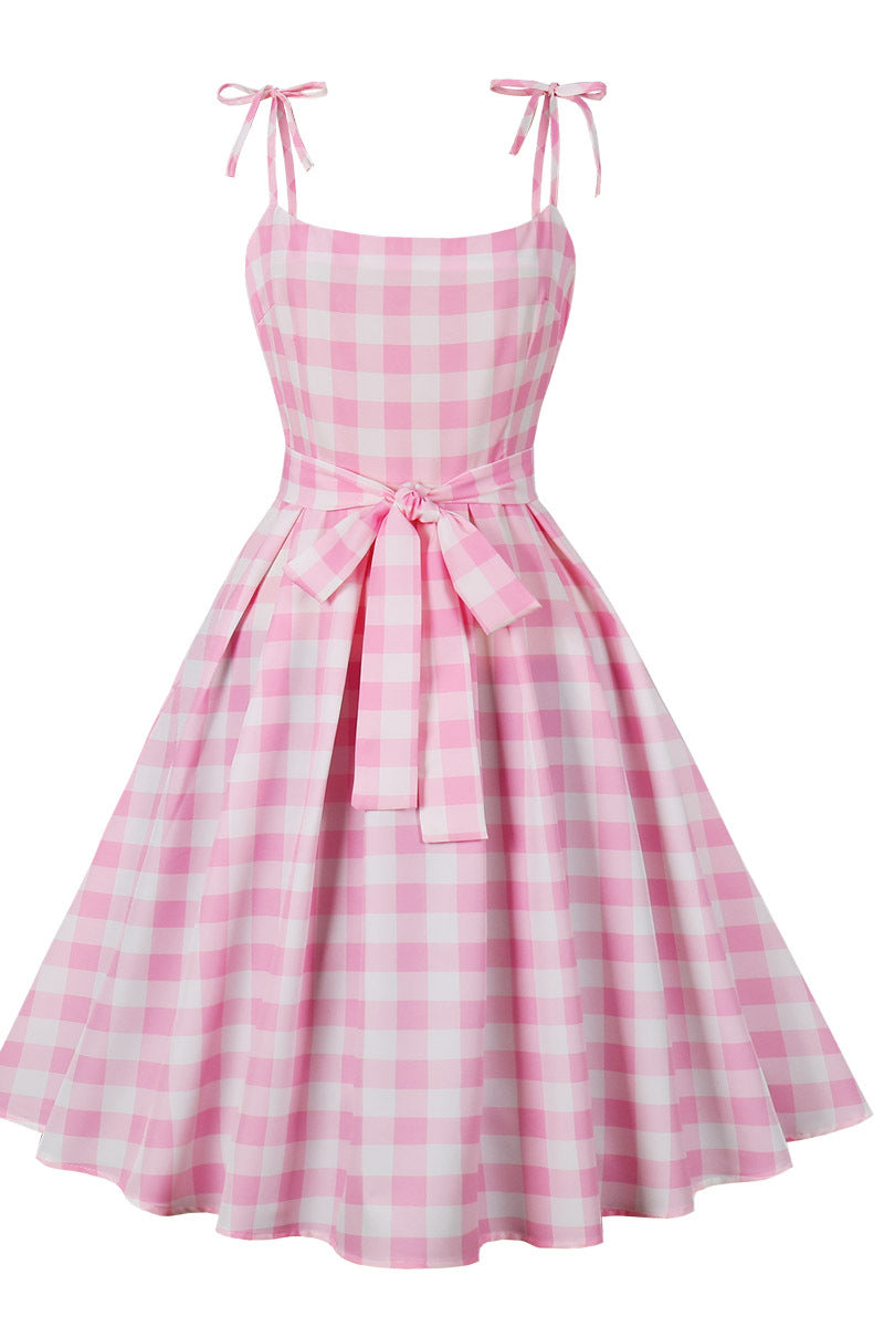 Pink Plaid Swing Dress with Sash