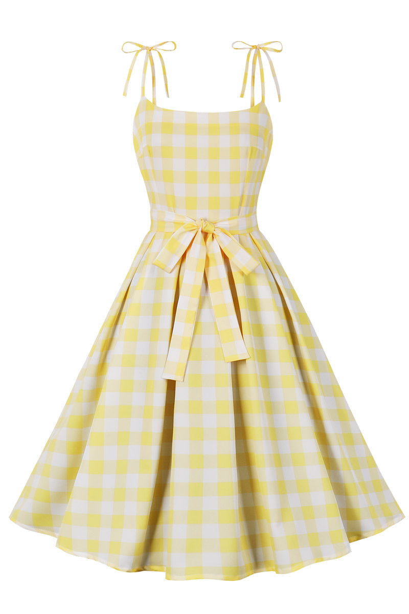 Yellow Plaid Swing Dress with Sash