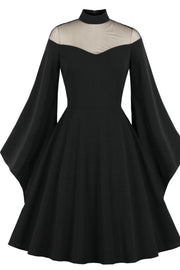 High Neck Black Swing Dress with Flare Long Sleeves