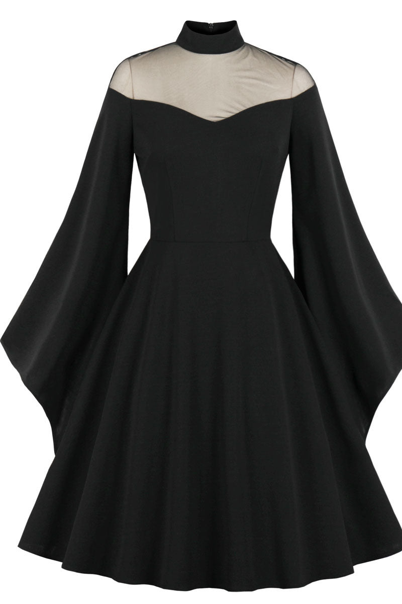 High Neck Black Swing Dress with Flare Long Sleeves