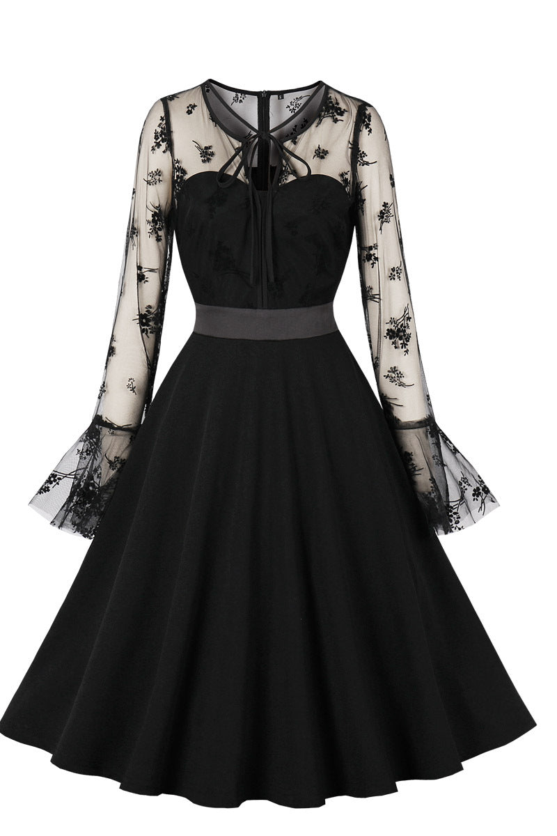 Mesh Long Sleeves Black Swing Dress