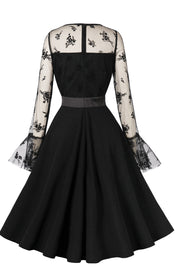 Mesh Long Sleeves Black Swing Dress
