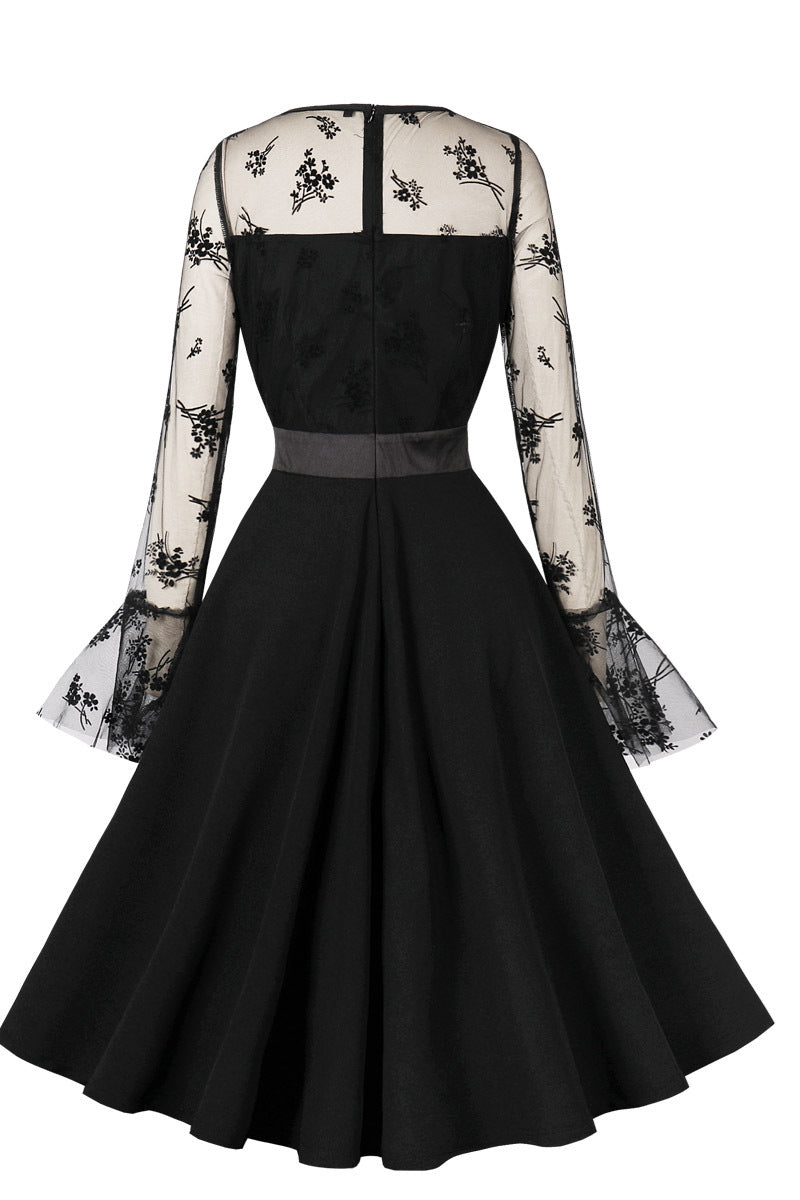 Mesh Long Sleeves Black Swing Dress