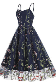 Straps Navy Blue Floral Embroidery Short Dress