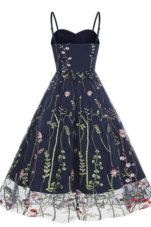 Straps Navy Blue Floral Embroidery Short Dress