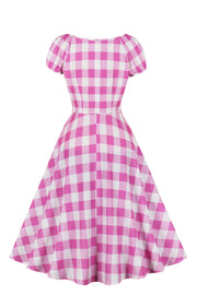 Short Sleeves Pink Plaid Short Dress