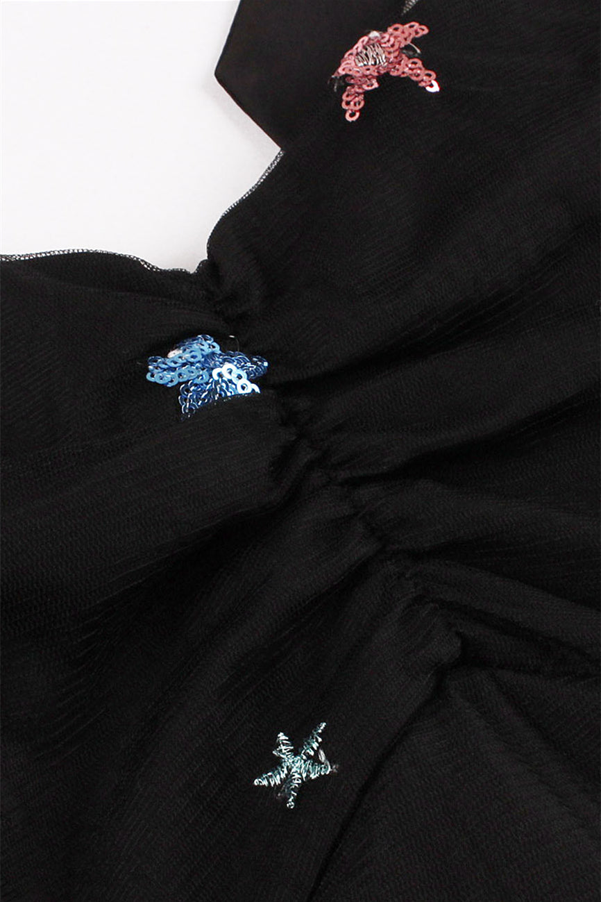 Black Mesh Short Dress with Sequin Stars