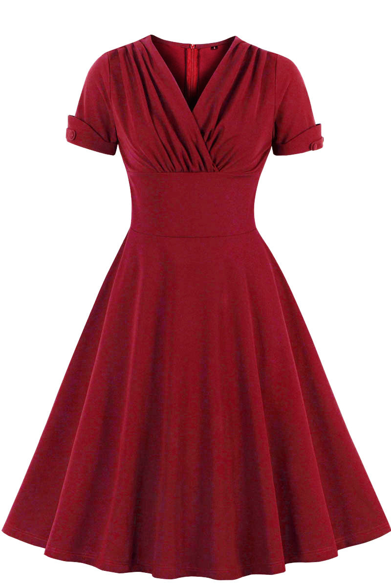 Red V Neck A-line Short Dress with Short Sleeves