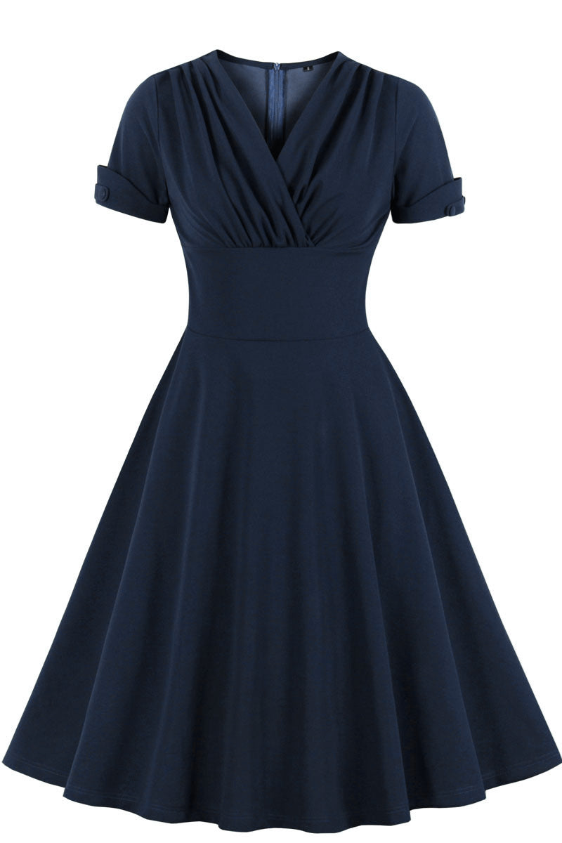 Navy Blue V Neck A-line Short Dress with Short Sleeves