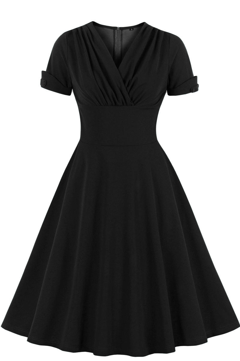 Black V Neck A-line Short Dress with Short Sleeves