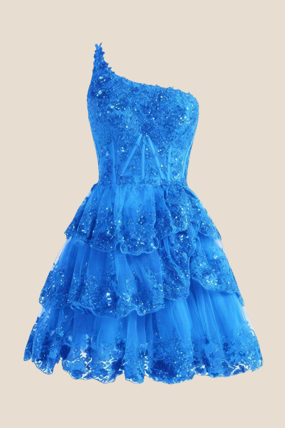 One Shoulder Hot Pink Sequin Tiered Short Dress