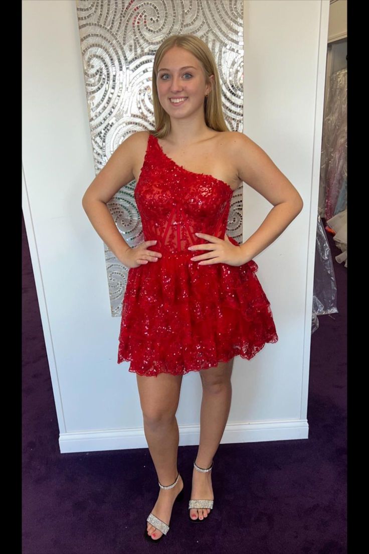 One Shoulder Black Appliques Ruffles Short Party Dress