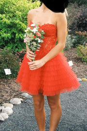 Strapless Yellow Appliques Tiered Short Dress