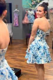 Beaded Neck Pink Floral Print Tiered Short Dress