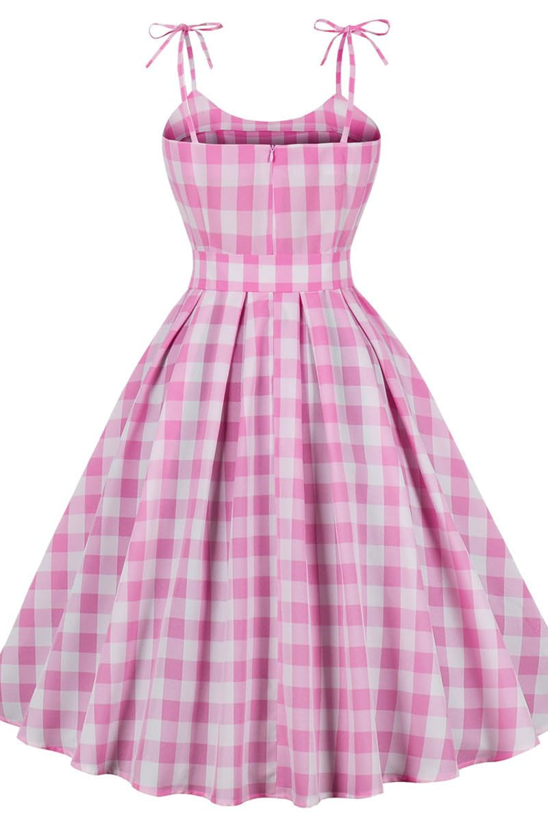 Bow Straps Pink Plaid Gingham Swing Dress