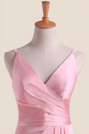 Pink Pleated Faux-Wrap Long Party Dress