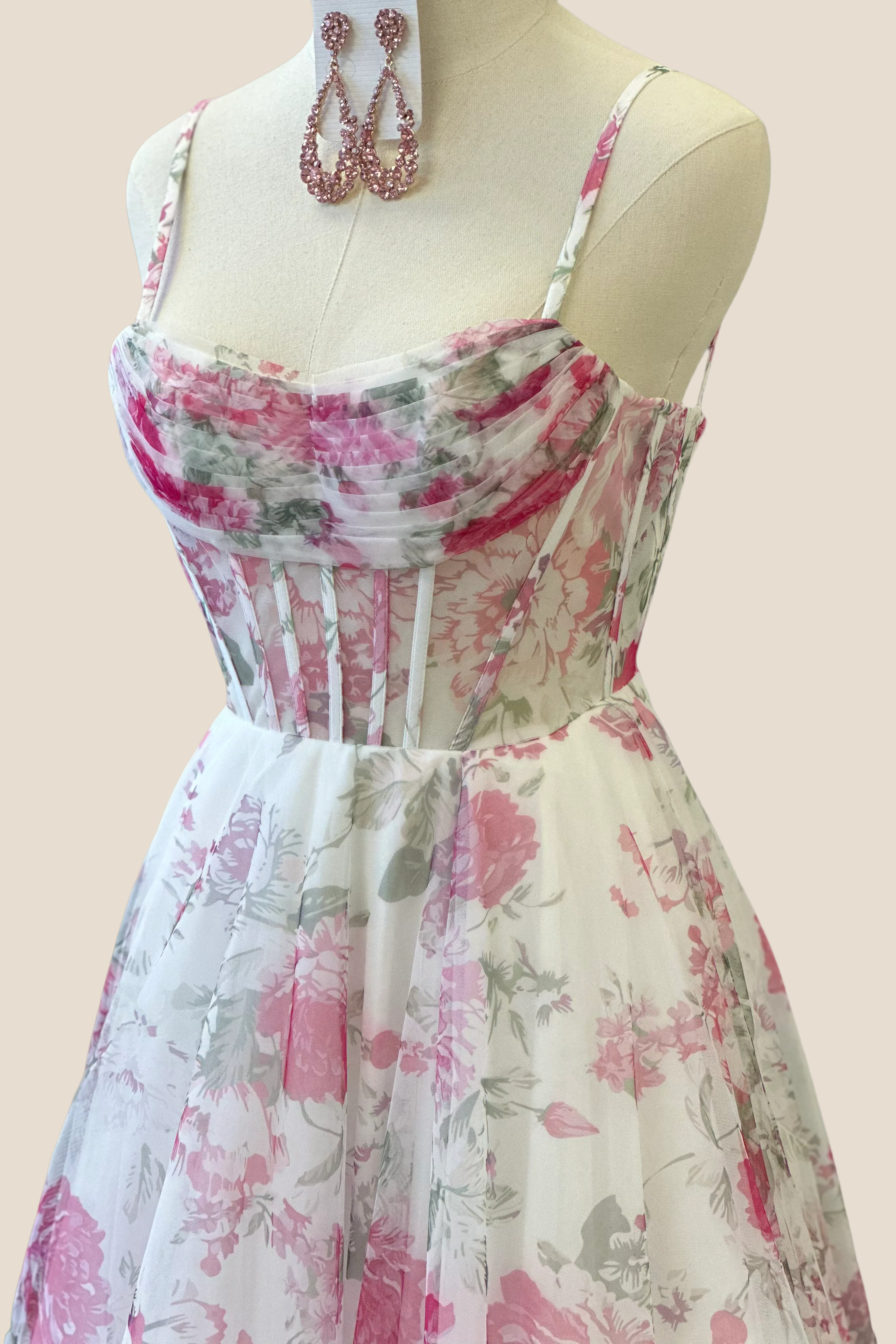 Pleated Neck Pink Floral Print A-line Long Dress