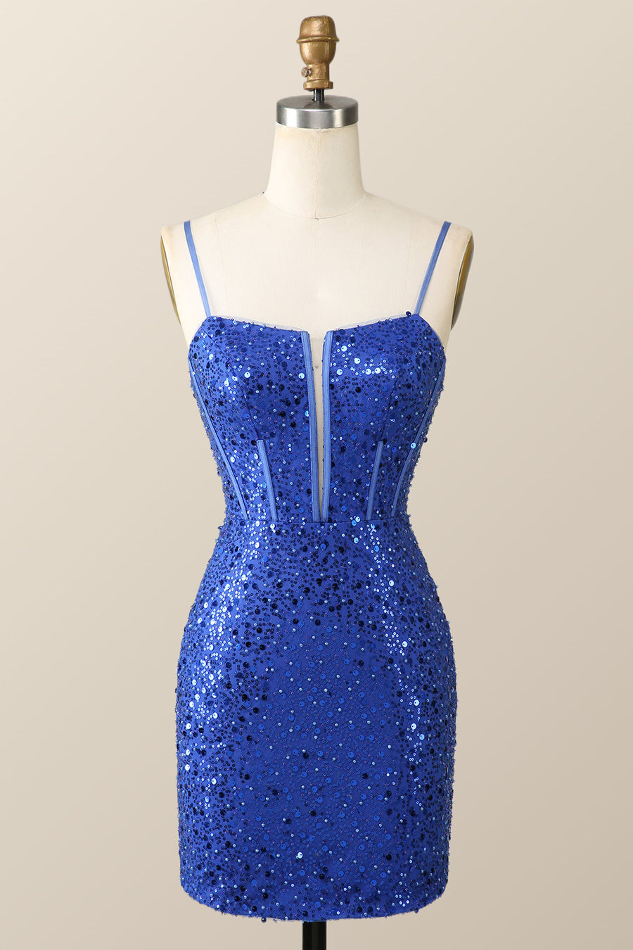 Straps Royal Blue Sequin Tight Mini Dress