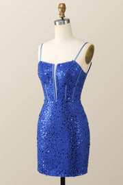 Straps Royal Blue Sequin Tight Mini Dress