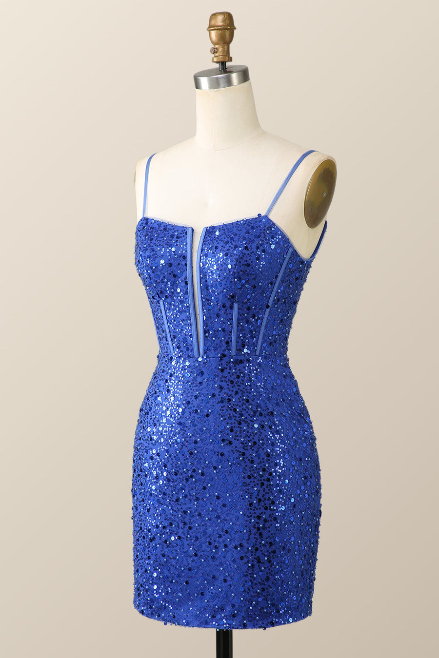 Straps Royal Blue Sequin Tight Mini Dress