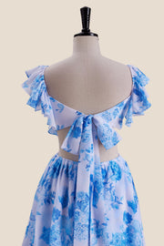 Ruffle Sleeves Blue Floral Print Tiered Long Dress