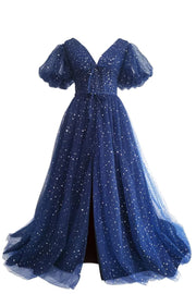 Red Puffy Sleeves Glitters Tea Length Dress