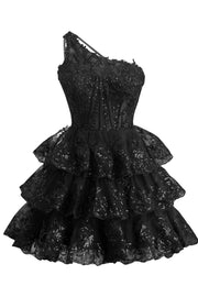 One Shoulder Navy Blue Ruffles A-line Dress