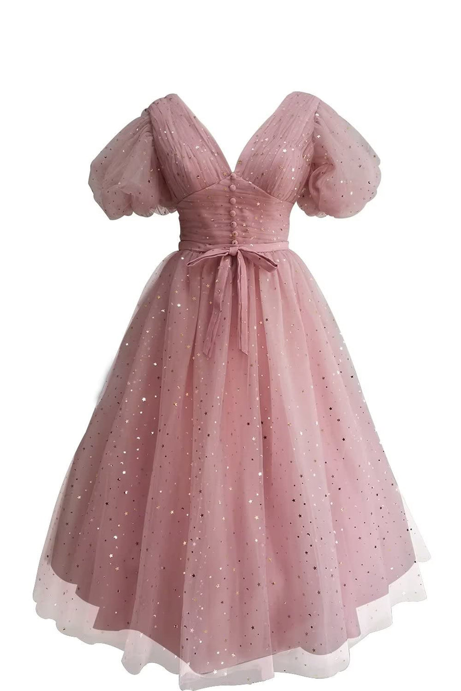 Red Puffy Sleeves Glitters Tea Length Dress