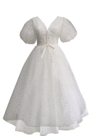 Red Puffy Sleeves Glitters Tea Length Dress